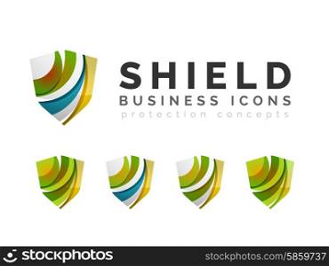Set of protection shield logo concepts. Set of protection shield logo concepts. Color flowing wave design icons on white