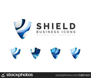 Set of protection shield logo concepts. Set of protection shield logo concepts. Color flowing wave design icons on white