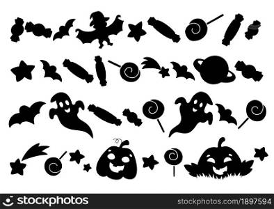 Set of pumpkin elements, ghosts, sweets, stars. Black silhouette. Design element. Vector illustration isolated on white background. Halloween theme.