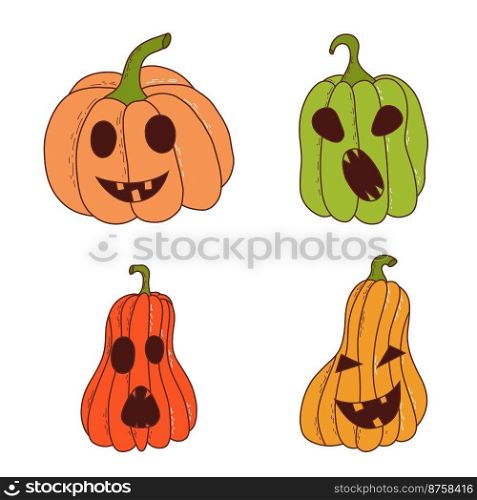 Set of pumpkin of various shapes and colors with funny faces. Halloween elements. Vector illustration in hand drawn style.. Set of pumpkin of various shapes and colors with funny faces. Halloween elements. Vector illustration in hand drawn style