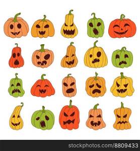 Set of pumpkin of various shapes and colors with funny faces. Halloween elements. Vector illustration in hand drawn style.. Set of pumpkin of various shapes and colors with funny faces. Halloween elements. Vector illustration in hand drawn style