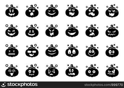 Set of pumpkins emoji for halloween, isolated vector glyph icons on white, funny and scary creepy characters with various facial expressions, traditional jack-o-lantern holiday symbols, flat. Halloween cute symbols