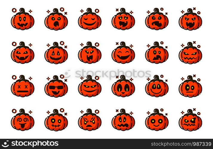 Set of pumpkins emoji for halloween, isolated vector outline icons on white, funny and scary creepy characters with various facial expressions, traditional jack-o-lantern holiday symbols, flat. Halloween cute symbols