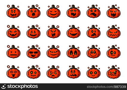 Set of pumpkins emoji for halloween, isolated vector outline icons on white, funny and scary creepy characters with various facial expressions, traditional jack-o-lantern holiday symbols, flat. Halloween cute symbols