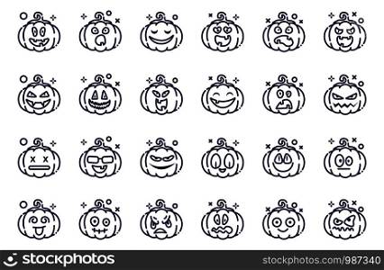 Set of pumpkins emoji for halloween, isolated vector outline icons on white, funny and scary creepy characters with various facial expressions, traditional jack-o-lantern holiday symbols, flat. Halloween cute symbols
