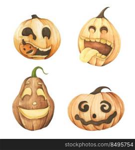 Set of Pumpkins for Halloween. Watercolor illustration.