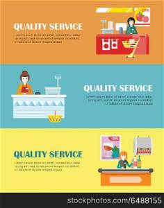 Set of quality service concept vector banners. Flat design. Smiling cashier woman seating under counter desk in grocery store. Fast and comfortable purchases illustrating for retail store advertising. Set of Quality Service in Supermarket Banners. . Set of Quality Service in Supermarket Banners.
