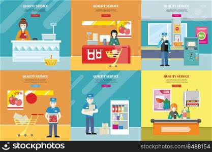 Set of Quality Service in Shop Vector Banners. . Set of quality service vector banners. Flat design. Cashier seating under counter desk, worker in uniform, security in supermarket interior illustrations for retail store ad, web pages design.
