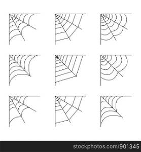 Set of quarter spider web isolated on white background. Halloween spiderweb elements. Collection cobweb line style. Vector illustration for any design.