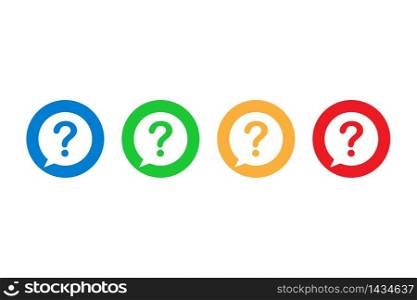 Set of question mark symbols in flat design. Help or ask buttons in blue, green, orange and red colors. Isolated faq icons in bubble style. Support or query symbols. Vector EPS 10