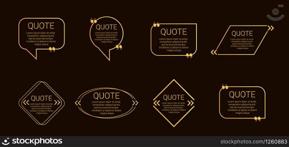 Set of quote box vector isolated on black background. Templates speech bubbles with space for text in a flat style. Golden colored quote blocks for comments, dialog, massege, memo.. Set of quote box vector isolated on black background. Templates speech bubbles with space for text in a flat style. Golden colored quote blocks for comments, dialog, massege