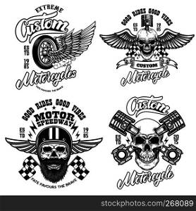 Set of racer emblem templates with motorcycle motor, wheels. wings. Design element for logo, label, emblem, sign, poster, t shirt. Vector illustration
