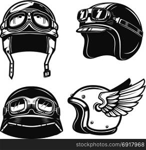 Set of racer helmets on white background. Design element for poster, emblem, sign. Vector illustration