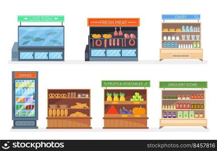 Set of racks and refrigerators with food. Cartoon vector illustration. Grocery, pastry, dairy, fish, meat, fruit, vegetable racks with shelves of products, drinks. Market, mall, shopping, food concept