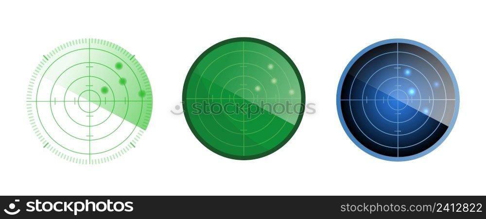 Set of radar screen. Radar isolated on white background. Military search system. Vector stock