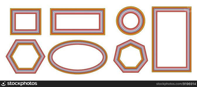 set of rainbow frames in 1970s hippie style. patterns retro vintage 70s groove. collection of round frame, star, rhombus and square. vector illustration design isolated. set of rainbow frames in 1970s hippie style. patterns retro vintage 70s groove. collection of round frame, star, rhombus and square. vector illustration design isolated.