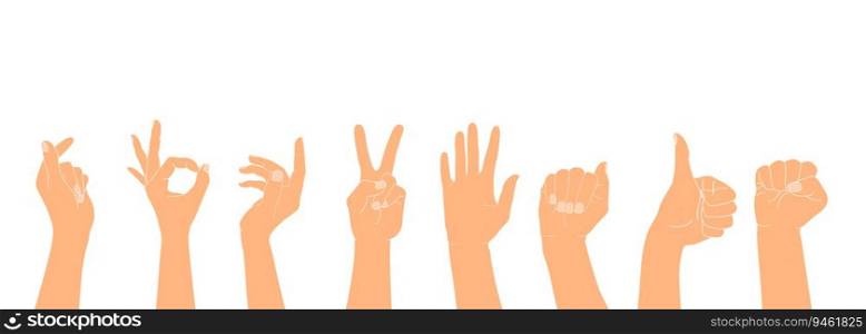 Set of raised human hands with different gestures. Isolated vector illustration of human hands