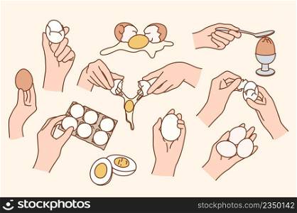 Set of raw, broken and boiled chicken eggs. Collection of whole and crashed white and yolk. Poultry and farming, eco and bio products concept. Flat vector illustration. . Set of broken, raw and boiled eggs 