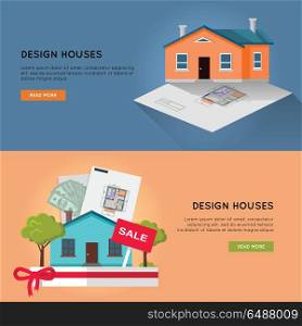 Set of Real Design Houses Vector Web Banners.. Set of real estate vector horizontal web banners. Flat style. Designing, buying and selling a new place for living. Illustration for real estate, building, engineering company web page design.