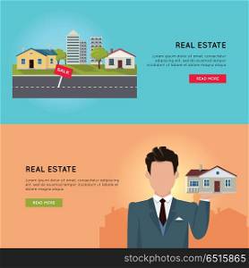 Set of Real Estate Vector Conceptual Web Banners.. Set of real estate vector conceptual web banners in flat style. Selling and buying a new place for living. Illustration for real estate company web page design, advertising, housing concepts.