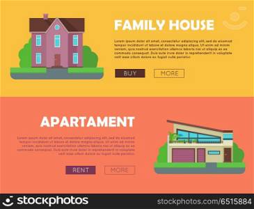 Set of Real Estate Vector Web Banners.. Set of real estate vector web banners in flat style. Family house and apartment horizontal illustrations for real estate company web page design, advertising, housing concepts.