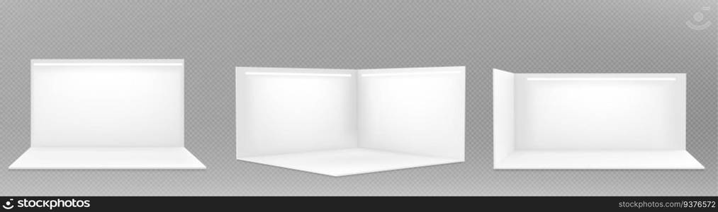 Set of realistic 3D booth mockups isolated on transparent background. Vector illustration of trade fair stand templates, white ceiling and blank walls with led light, business promo area at exhibition. Set of realistic 3D booth mockups