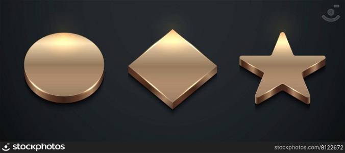 Set of realistic 3D golden geometric circle, square and star shapes object on black background luxury style. Collection badge, lable,  price tag,  pedestal for product display. Vector illustration