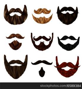 Set of realistic beards and mustache of various shape and color on white background isolated vector illustration. Realistic Beards and Mustache Set