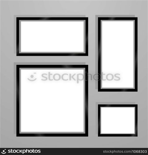 Set of Realistic Black and White photo frame with blank empty space, place. vector illustration, isolated on background. Grey wall gallery. For presentation, text, pictures, interior, decor, design object