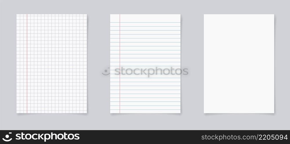 Set of realistic blank sheets of square and lined paper. notepad notebook mockups. School notepad notebook. vector illustration.. Set of realistic blank sheets of square and lined paper