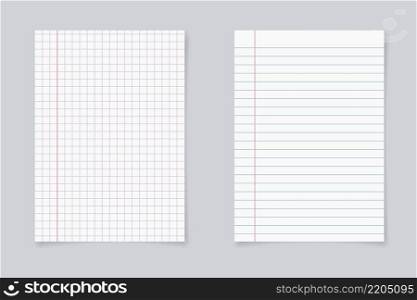 Set of realistic blank sheets of square and lined paper. notepad notebook mockups. School notepad notebook. vector illustration.. Set of realistic blank sheets of square and lined paper