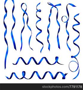 Set of realistic blue glossy ribbons bent in various positions isolated on white background vector illustration. Realistic Ribbons Set