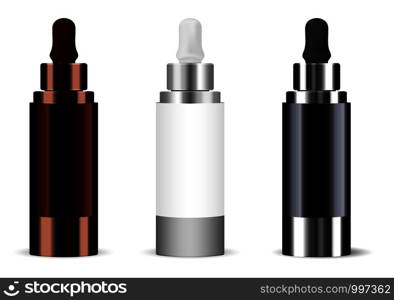 Set of realistic bottles with dropper. Mock up vector flacons illustration isolated on white. Cosmetic flask or vials for organic aroma oil, anti-aging essential, collagen serum for beauty. . Realistic bottle Set dropper. Mockup vector flacon
