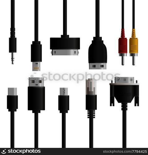 Set of realistic cable connectors types with isolated images of various cable connectors on blank background vector illustration. Realistic Computer Connectors Collection