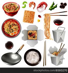 Set of realistic chinese noodles with vegetables, shrimps, mushrooms, soy sauce, chopsticks, wok isolated vector illustration . Realistic Chinese Noodles Set