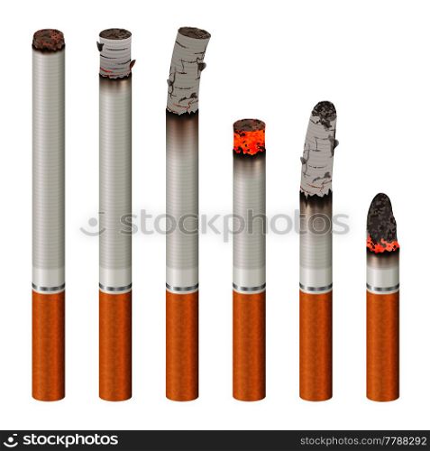 Set of realistic cigarettes with ash, orange filter, stages of burn isolated on white background vector illustration. Realistic Cigarettes Set Stages Of Burn