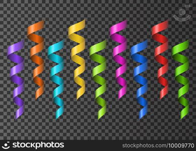 Set of  realistic  colorful  ribbons  serpentine. Purple, orange, blue, yellow, green, pink, red  decoration  streamers. Vector  3d  holiday design elements isolated on transparent  background.