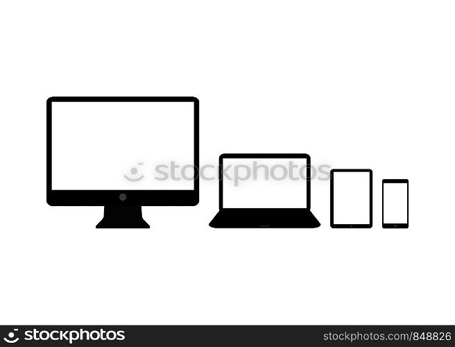 Set of realistic Computer, Laptop, Tablet and mobile phone. Modern flat screen computer monitor
