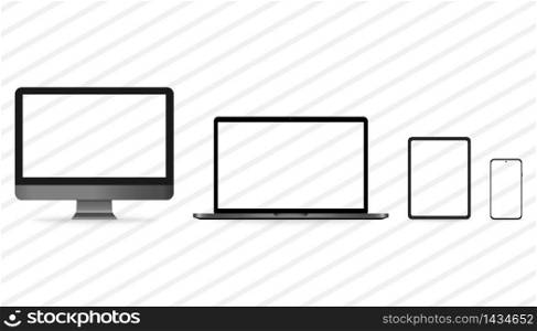 Set of realistic computer, laptop, tablet and smartphone. Mockup of desktop and mobile device. Template of pc desktop and telephone. Isolated monitor with transparent background. EPS 10