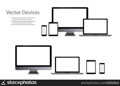 Set of realistic computer monitors, laptops, tablets and mobile phones. Electronic gadgets isolated on white background. Set of realistic computer monitors, laptops, tablets and mobile phones. Electronic gadgets, isolated, on white background