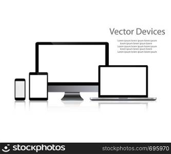 Set of realistic computer monitors, laptops, tablets and mobile phones. Electronic gadgets, isolated, on white background. Set of realistic computer monitors, laptops, tablets and mobile phones. Electronic gadgets, isolated, on white background