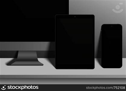 Set of realistic computer monitors, tablets and mobile phones. Electronic gadgets on light background