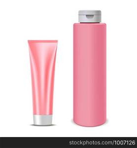 Set of realistic cosmetic products. Shampoo bottle and cream tube mockup templates in pink color with white lids. 3d vector illustration.. Set of realistic cosmetic products. Shampoo bottle
