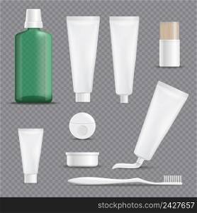 Set of realistic dentifrices with floss, toothpicks, rinse, toothbrush isolated on transparent background vector illustration. Realistic Dentifrices Transparent Background Set