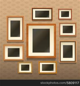 Set of realistic empty picture frames on wall with textured wallpaper vector illustration. Picture Frames On Wall