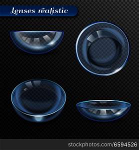 Set of realistic eye lenses in various positions with reflection isolated on transparent background vector illustration . Realistic Eye Lenses Transparent Set