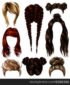 Set of realistic female hairstyles with haircuts, youth coiffures, long flowing hair, french braids isolated vector illustration . Realistic Female Hairstyles Set