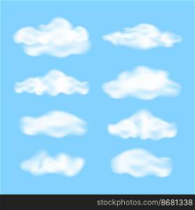 Set of realistic fluffy clouds on a blue background. Various white clouds. Vector illustration.. Set of realistic fluffy clouds on a blue