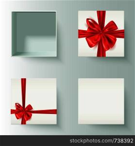 Set of realistic gift boxes with decorative red bow, open, closed, vector illustration