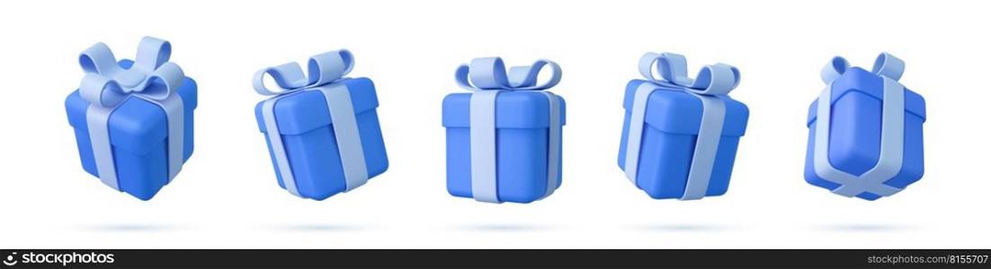Set of Realistic gifts boxes isolated on a white background. five gift boxes with bows and ribbons. Holiday decoration presents. Festive gift surprise. 3d rendering. Vector illustration. Set of Realistic gifts boxes isolated on a white background